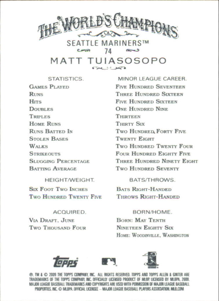 2009 Topps Allen and Ginter #74 Matt Tuiasosopo (RC) back image