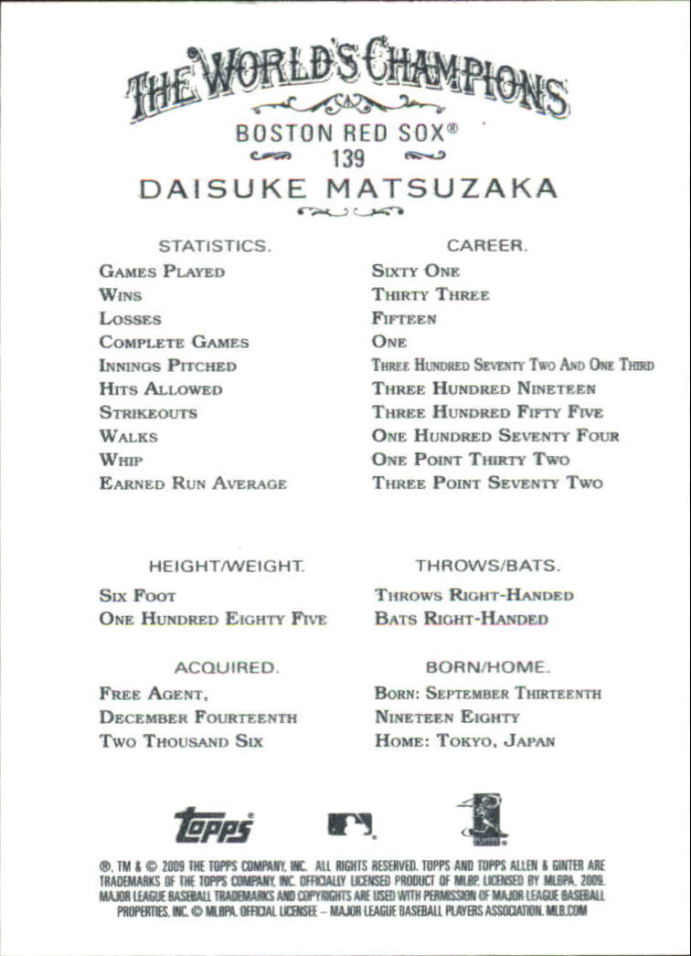 2009 Topps Allen and Ginter #139 Daisuke Matsuzaka back image