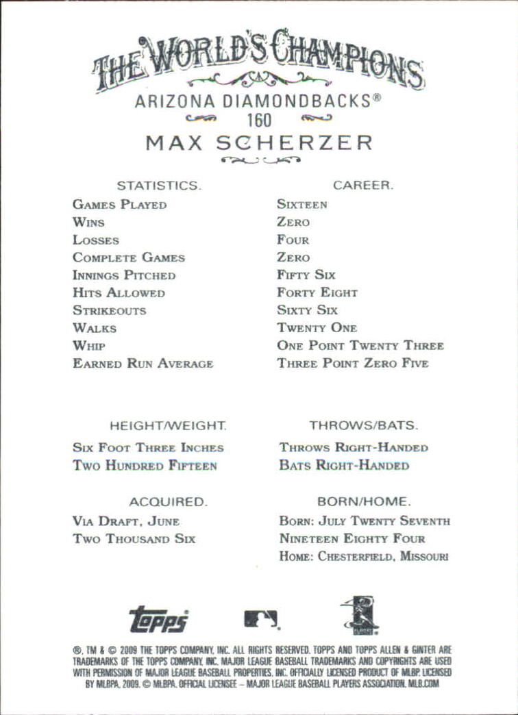 2009 Topps Allen and Ginter #160 Max Scherzer back image
