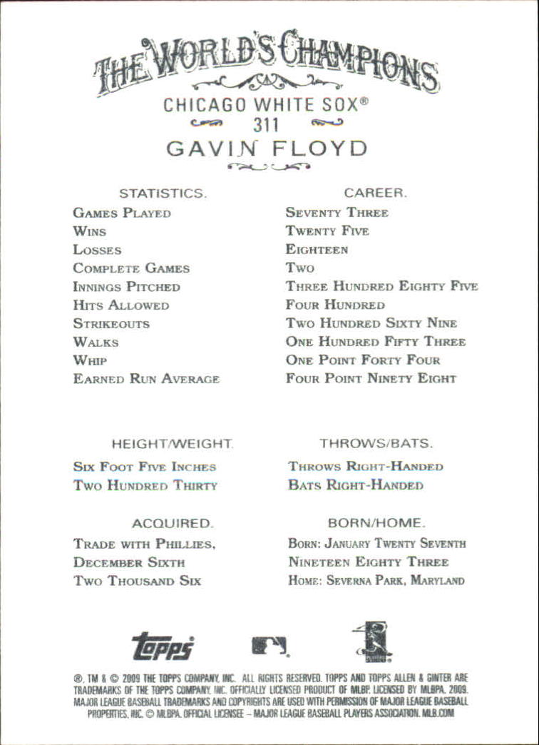 2009 Topps Allen and Ginter #311 Gavin Floyd SP back image