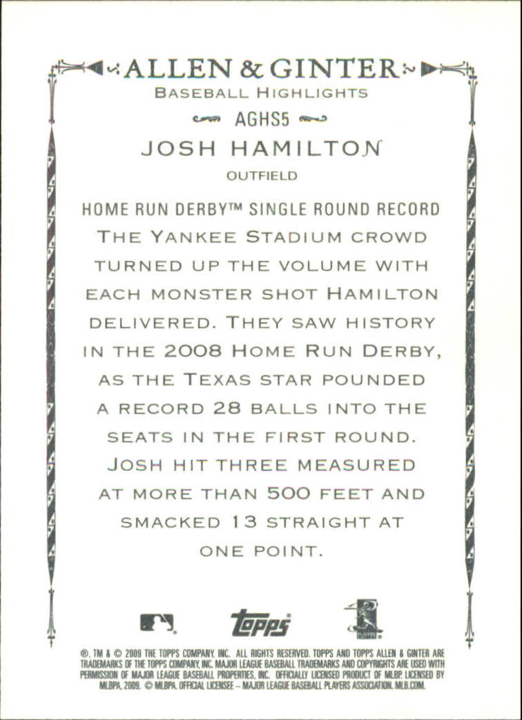 2009 Topps Allen and Ginter Baseball Highlights #AGHS5 Josh Hamilton back image