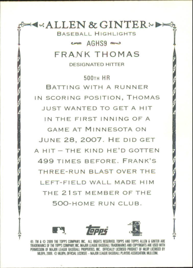 2009 Topps Allen and Ginter Baseball Highlights #AGHS9 Frank Thomas back image