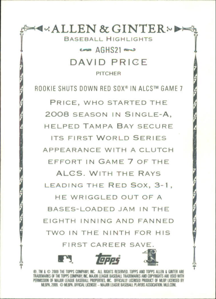 2009 Topps Allen and Ginter Baseball Highlights #AGHS21 David Price back image