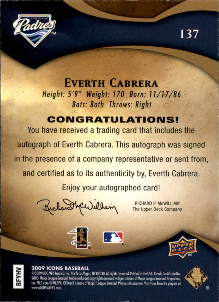 2009 Upper Deck Icons #137 Everth Cabrera AU/600 back image