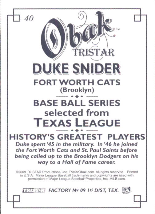 2009 TRISTAR Obak #40 Duke Snider back image