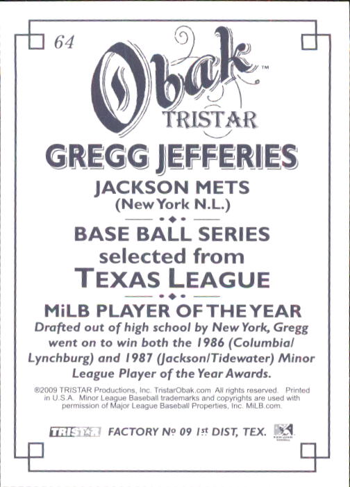 2009 TRISTAR Obak #64a Gregg Jefferies/Jackson Mets back image
