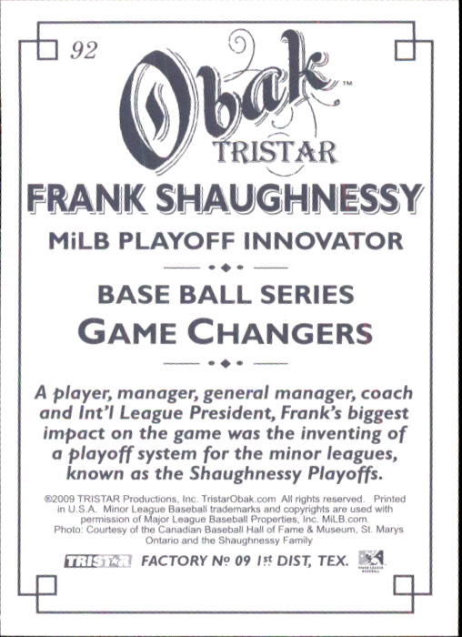 2009 TRISTAR Obak #92 Frank Shaughnessy back image
