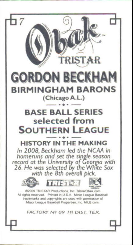 2009 TRISTAR Obak Mini T212 #7 Gordon Beckham back image