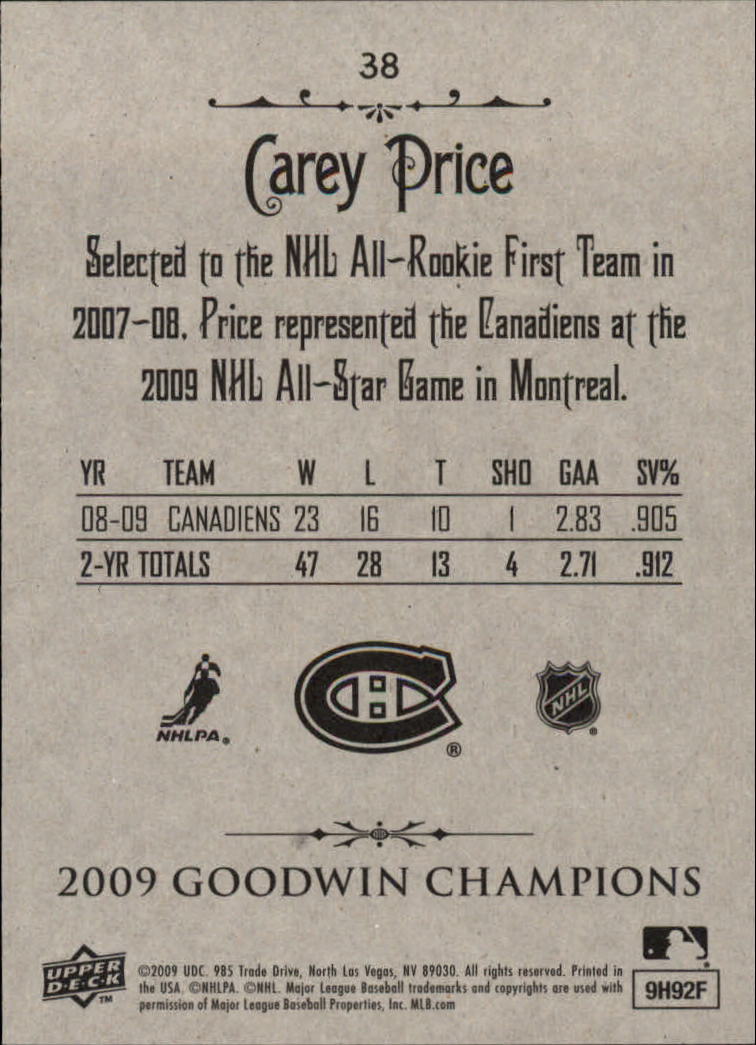 2009 Upper Deck Goodwin Champions #38 Carey Price back image