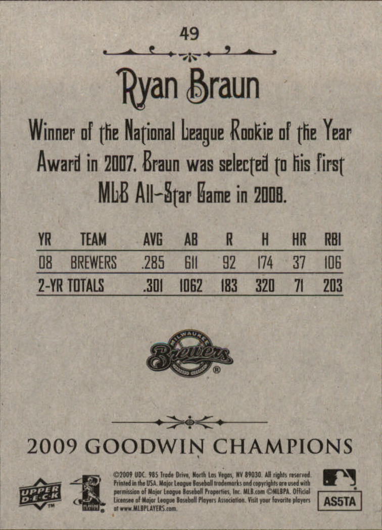 2009 Upper Deck Goodwin Champions #49 Ryan Braun back image