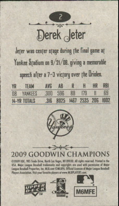 2009 Upper Deck Goodwin Champions Mini #2 Derek Jeter back image