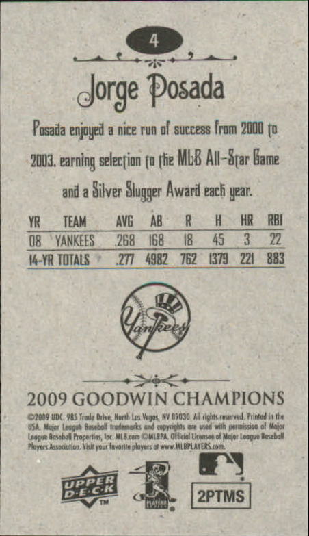 2009 Upper Deck Goodwin Champions Mini #4 Jorge Posada back image