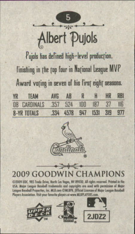 2009 Upper Deck Goodwin Champions Mini #5 Albert Pujols back image
