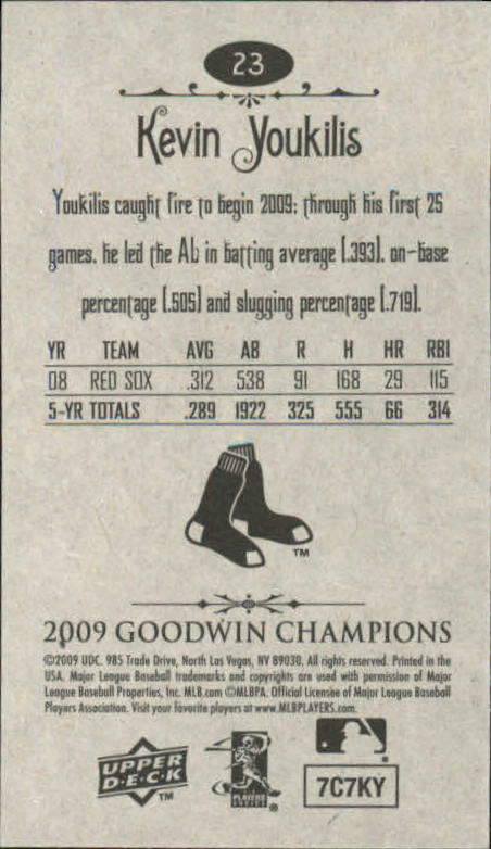 2009 Upper Deck Goodwin Champions Mini #23 Kevin Youkilis back image