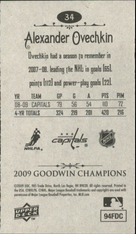 2009 Upper Deck Goodwin Champions Mini #34 Alexander Ovechkin back image