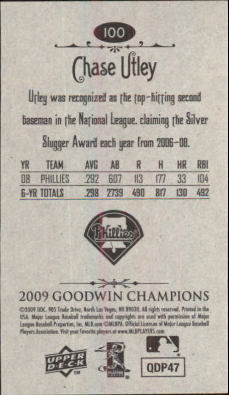 2009 Upper Deck Goodwin Champions Mini #100 Chase Utley back image
