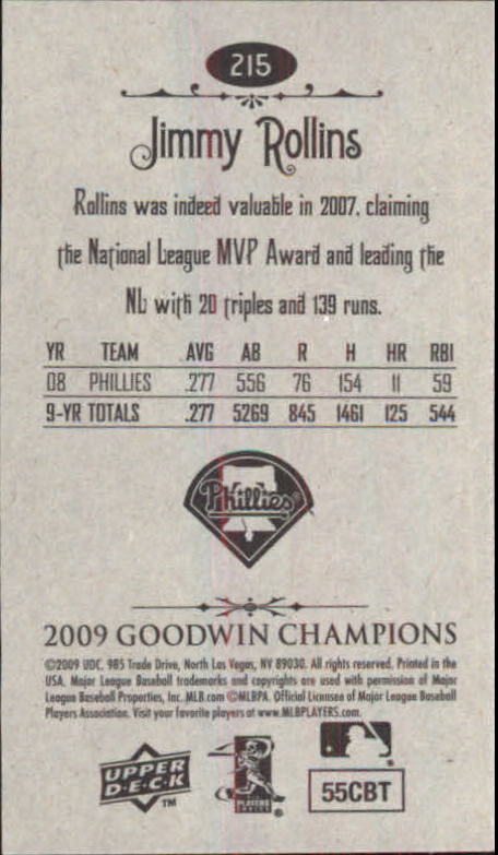 2009 Upper Deck Goodwin Champions Mini #215 Jimmy Rollins EXT back image