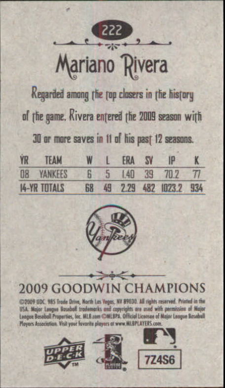 2009 Upper Deck Goodwin Champions Mini #222 Mariano Rivera EXT back image