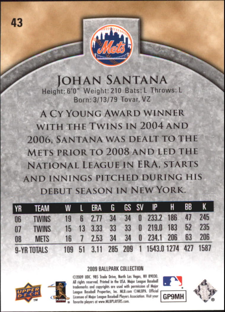 2009 Upper Deck Ballpark Collection #43 Johan Santana back image