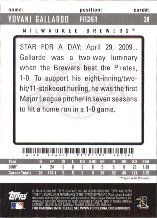 2009 Topps Ticket to Stardom #38 Yovani Gallardo back image