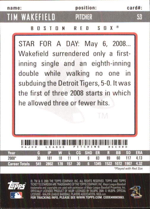 2009 Topps Ticket to Stardom #53 Tim Wakefield back image