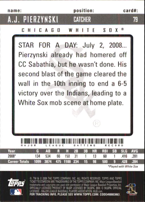2009 Topps Ticket to Stardom #79 A.J. Pierzynski back image
