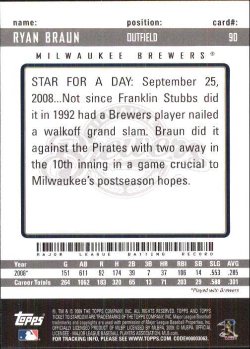 2009 Topps Ticket to Stardom #90 Ryan Braun - NM-MT - Baseball Card  Connection