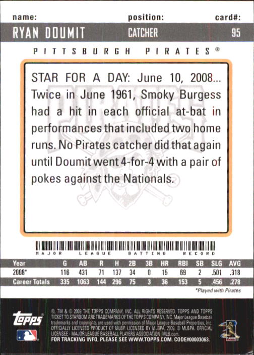2009 Topps Ticket to Stardom #95 Ryan Doumit back image
