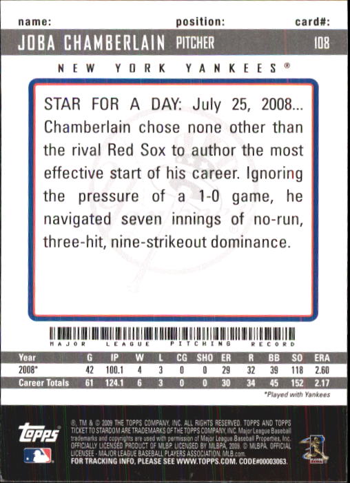 2009 Topps Ticket to Stardom #108 Joba Chamberlain back image