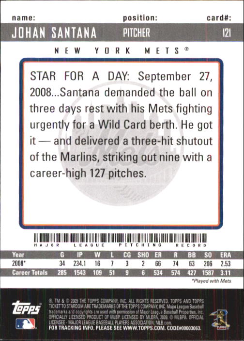 2009 Topps Ticket to Stardom #121 Johan Santana back image