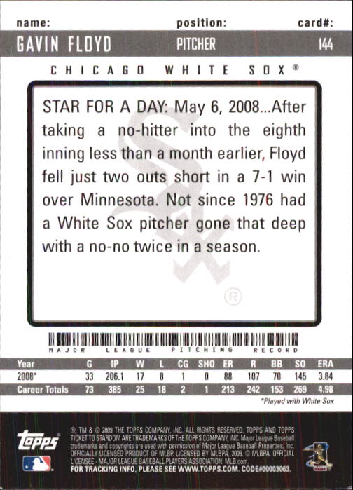 2009 Topps Ticket to Stardom #144 Gavin Floyd back image