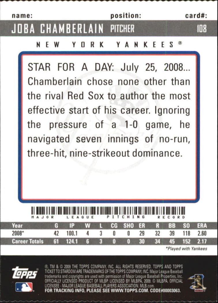 2009 Topps Ticket to Stardom Perforated #108 Joba Chamberlain back image