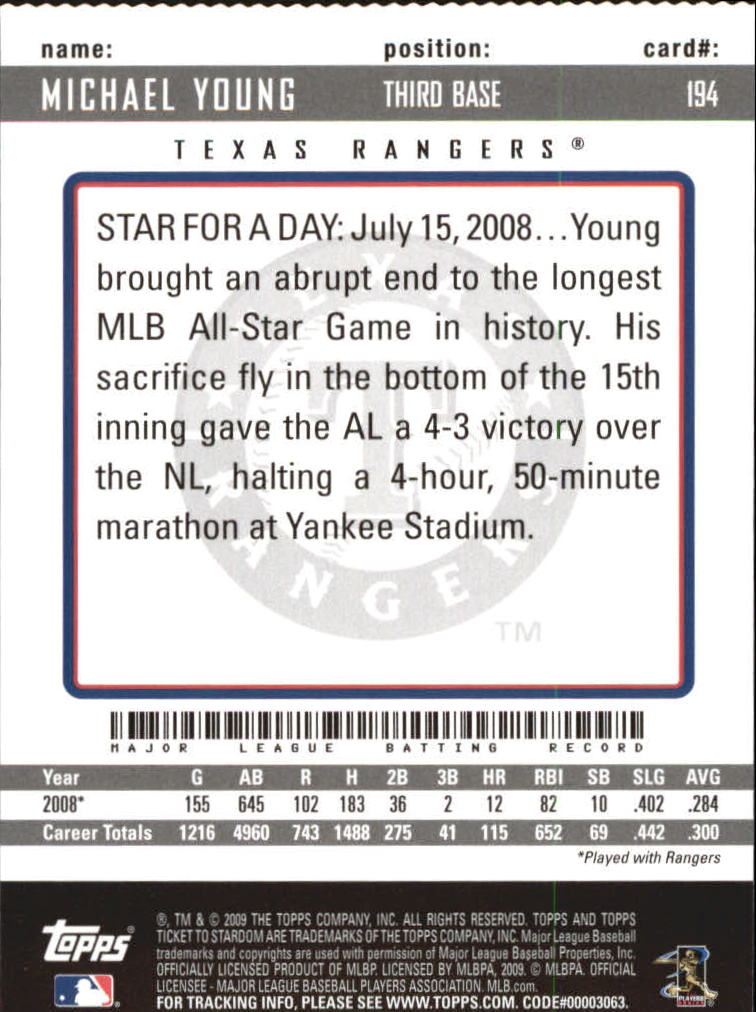 2009 Topps Ticket to Stardom Perforated #194 Michael Young back image