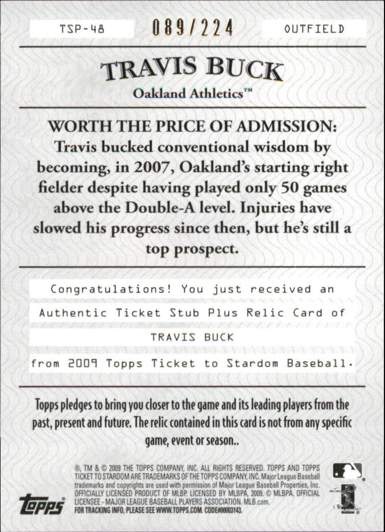 2009 Topps Ticket to Stardom Ticket Stubs Plus Memorabilia #TSP48 Travis Buck/224 back image