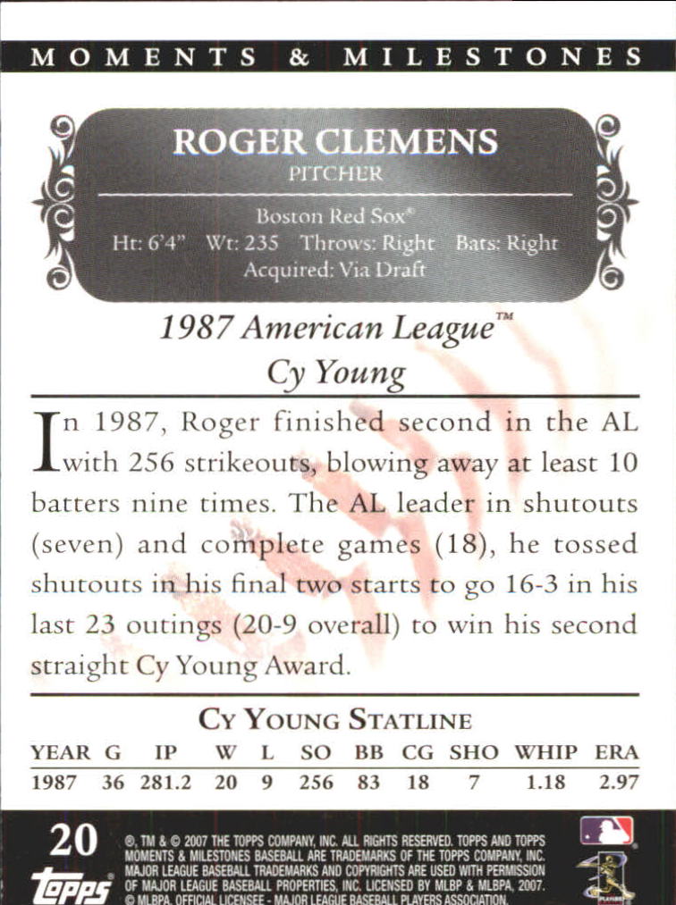 2007 Topps Moments and Milestones #20-224 Roger Clemens/SO 224 back image