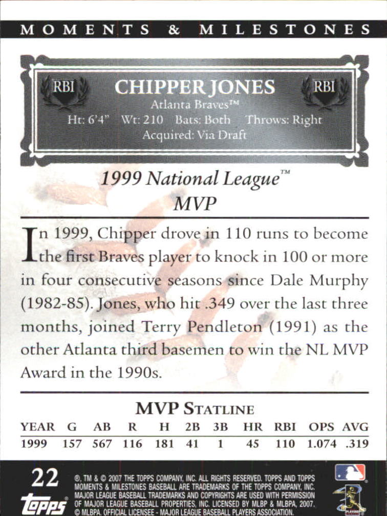 2007 Topps Moments and Milestones #22-2 Chipper Jones/RBI 2 back image