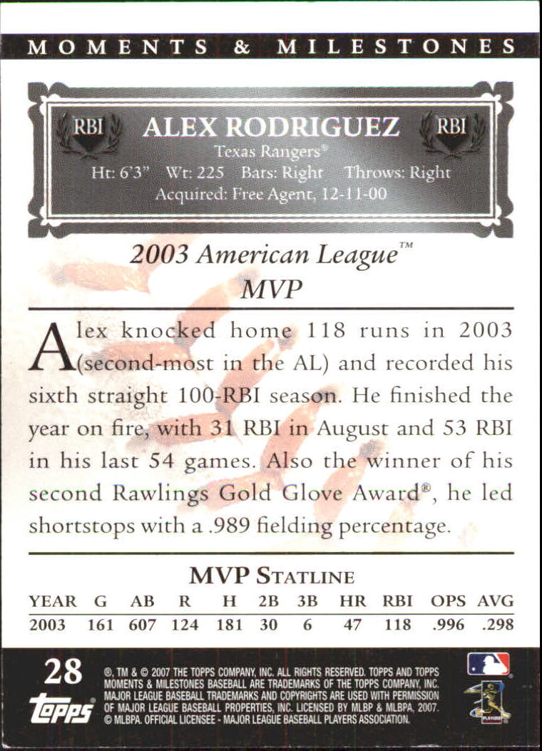 2007 Topps Moments and Milestones #28-100 Alex Rodriguez/RBI 100 back image