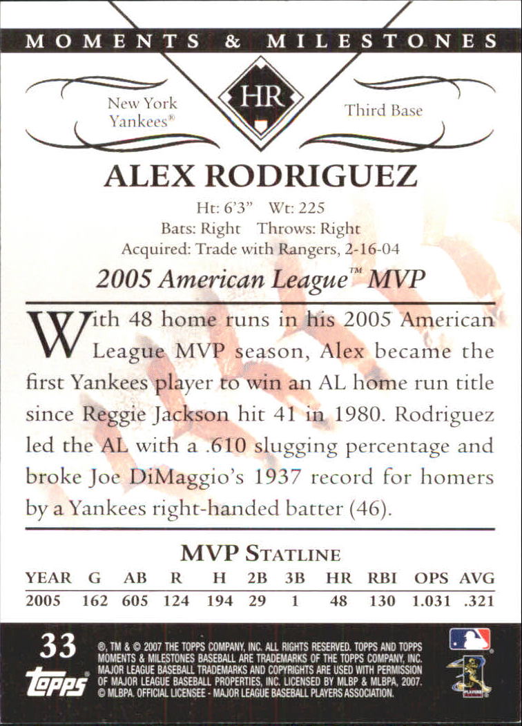 2007 Topps Moments and Milestones #33-31 Alex Rodriguez/HR 31 back image