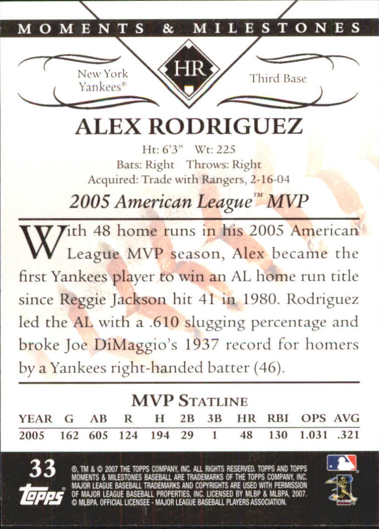 2007 Topps Moments and Milestones #33-39 Alex Rodriguez/HR 39 back image