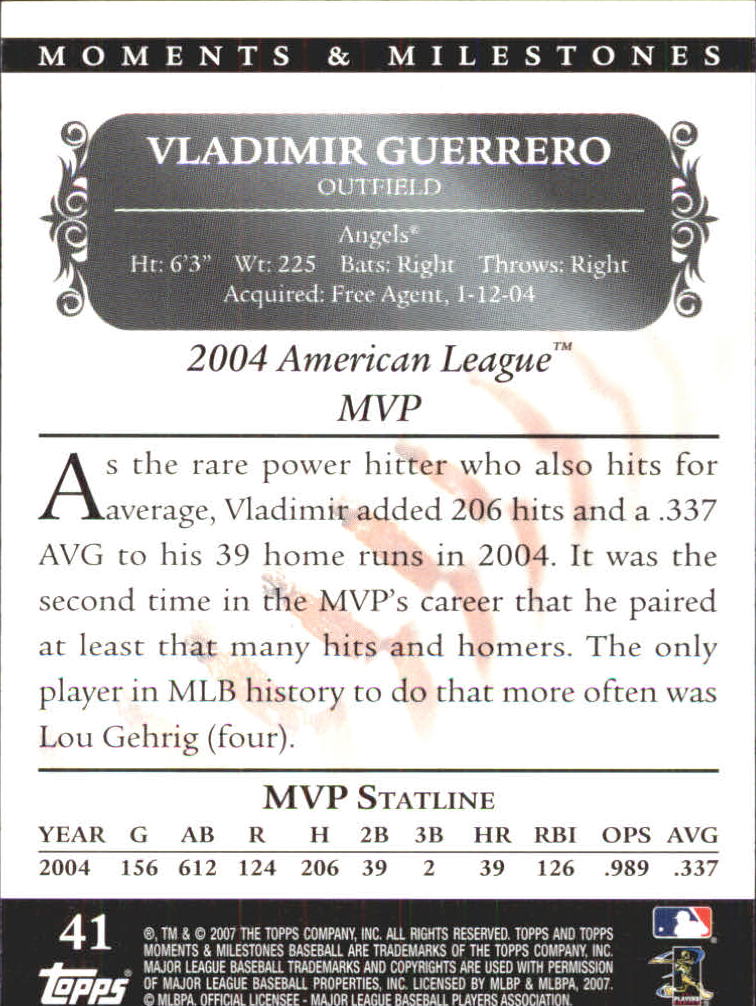 2007 Topps Moments and Milestones #41-140 Vladimir Guerrero/Hits 140 back image