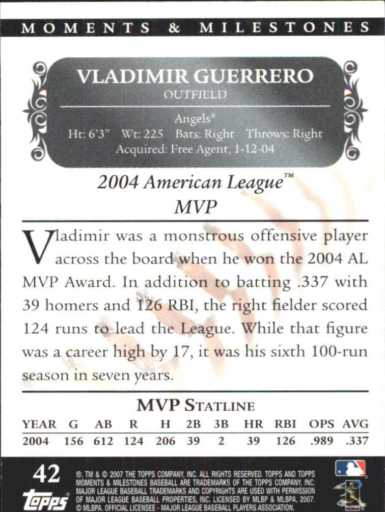 2007 Topps Moments and Milestones #42-11 Vladimir Guerrero/Runs 11 back image