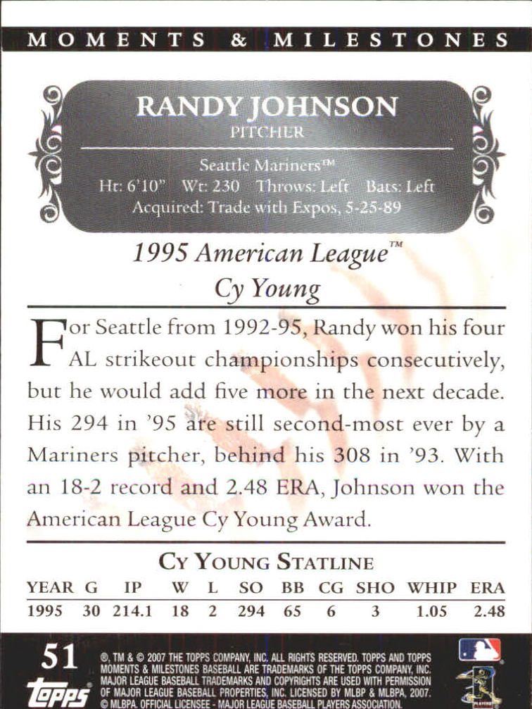 2007 Topps Moments and Milestones #51-9 Randy Johnson/SO 9 back image