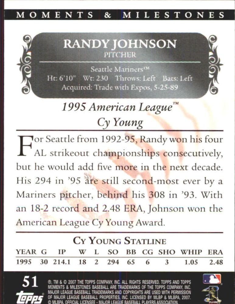 2007 Topps Moments and Milestones #51-179 Randy Johnson/SO 179 back image