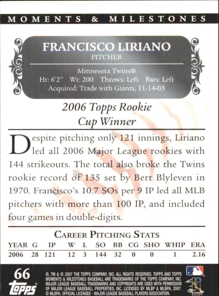 2007 Topps Moments and Milestones #66-76 Francisco Liriano/SO 76 back image