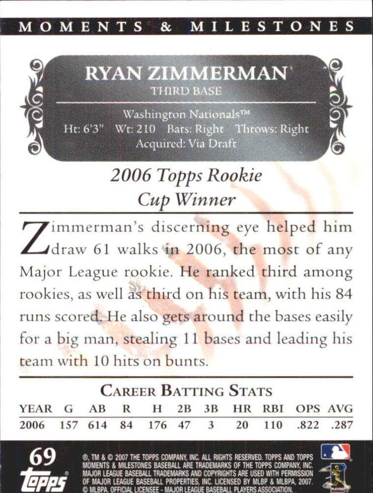 2007 Topps Moments and Milestones #69-64 Ryan Zimmerman/Runs 64 back image