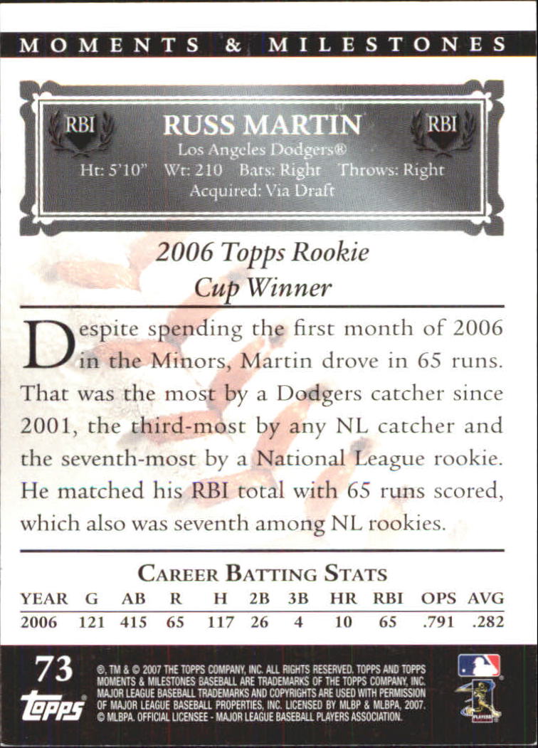 2007 Topps Moments and Milestones #73-56 Russ Martin/RBI 56 back image