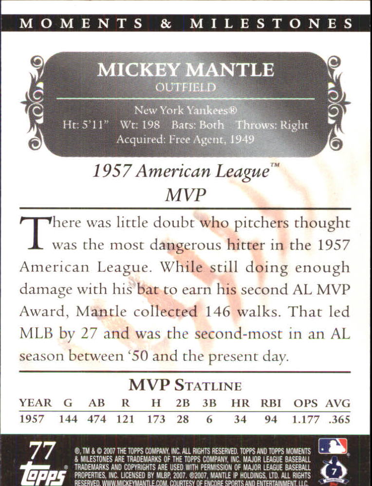 2007 Topps Moments and Milestones #77-111 Mickey Mantle/MVP 111 back image