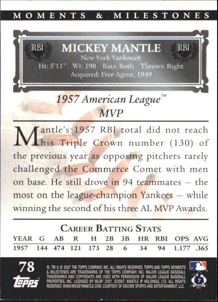 2007 Topps Moments and Milestones #78-63 Mickey Mantle/RBI 63 back image