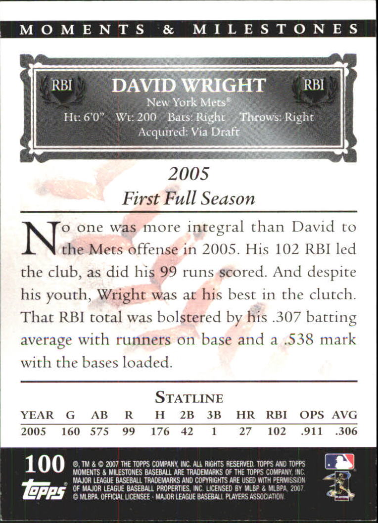 2007 Topps Moments and Milestones #100-39 David Wright/RBI 39 back image