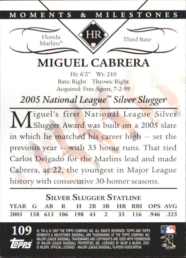 2007 Topps Moments and Milestones #109-2 Miguel Cabrera/HR 2 back image